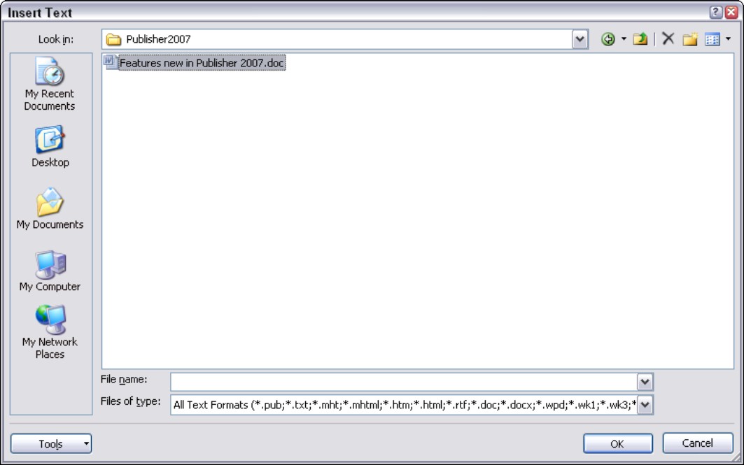 Figure 6-3: The Insert Text dialog box displays a selected DOC file.